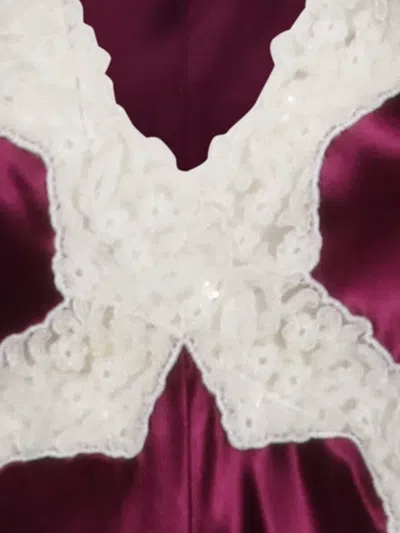 Alberta Ferretti Cap Sleeves Satin Lace Floor Length Dress In Purple