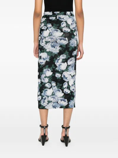 Stella Mccartney Ruched Floral-print Stretch-mesh Midi Skirt In Green