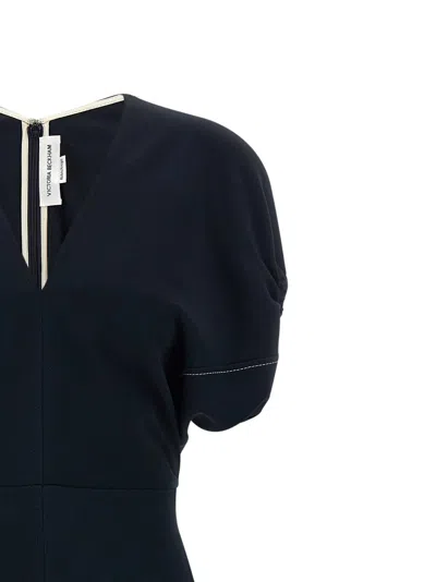 Victoria Beckham Womens Black Blouson-sleeve Fluid-cady Midi Dress In Blue