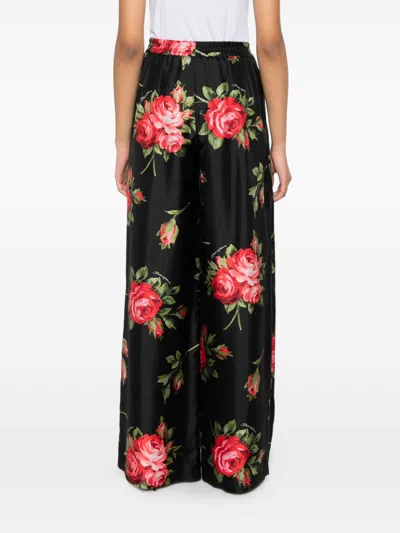 Dolce & Gabbana Wide Twill Trousers With Rose Bouquet Print In Black