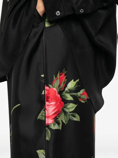 Dolce & Gabbana Wide Twill Trousers With Rose Bouquet Print In Black