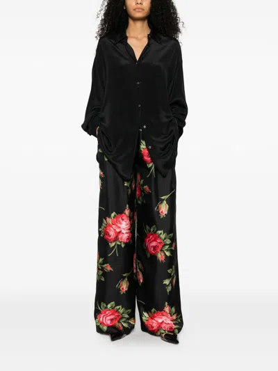 Dolce & Gabbana Wide Twill Trousers With Rose Bouquet Print In Black