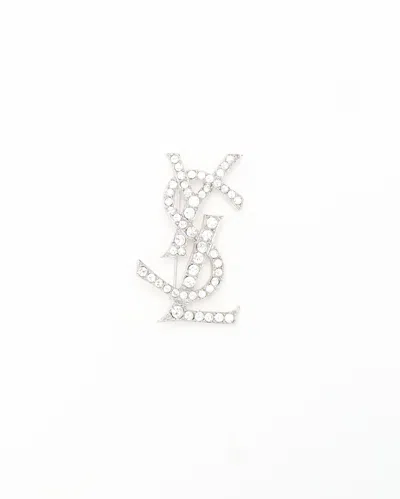 Saint Laurent Ysl Logo Rhinestone Brooch In Silver