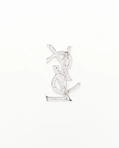 Saint Laurent Ysl Logo Rhinestone Brooch In Silver