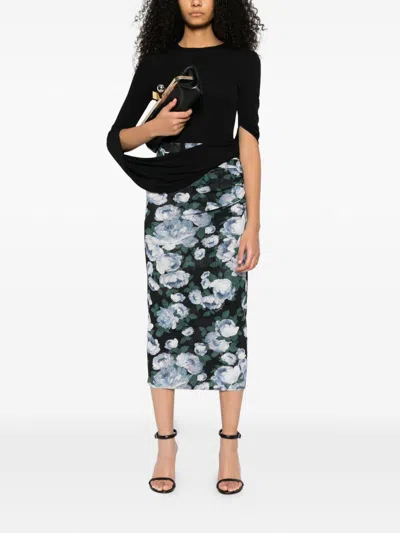 Stella Mccartney Ruched Floral-print Stretch-mesh Midi Skirt In Black