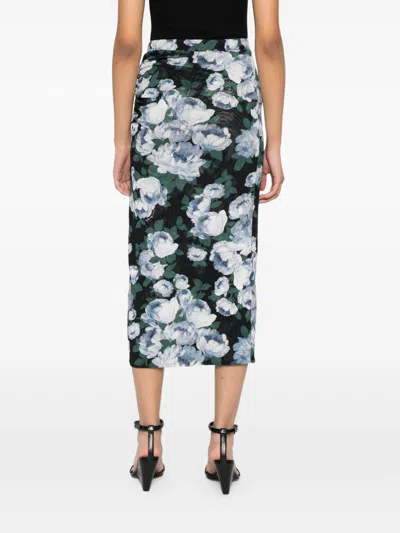 Stella Mccartney Ruched Floral-print Stretch-mesh Midi Skirt In Black