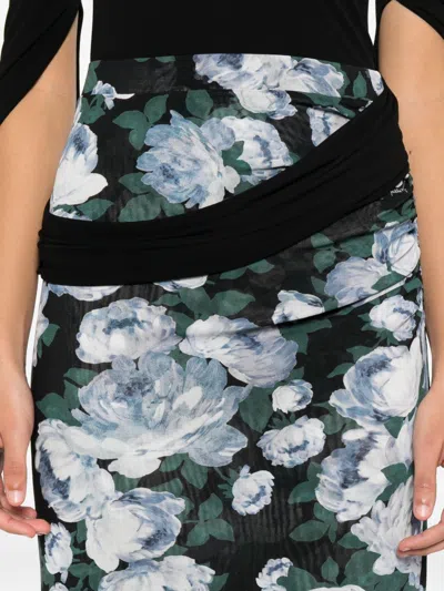 Stella Mccartney Ruched Floral-print Stretch-mesh Midi Skirt In Black