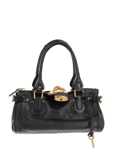 Chloé Paddington Black Shoulder Bag With Oversized Padlock And C-shaped Buckles In Grainy Leather Woman In Pink