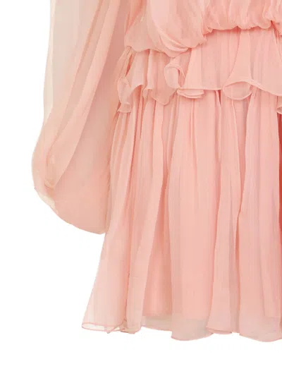 Chloé Women Pink Mini Dress With Drawstring On The Front And Cape Design In Silk Woman In Neutral