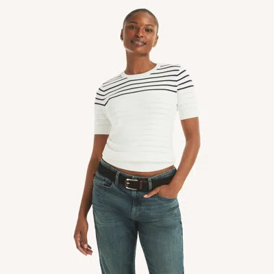 Nautica Womens Striped Short-sleeve Sweater In White
