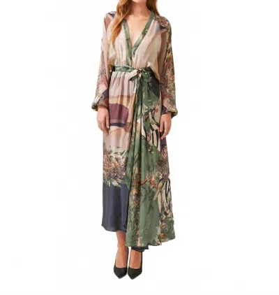 Falguni Shane Peacock Silk Drape Dress In Earthy Meadows In Green