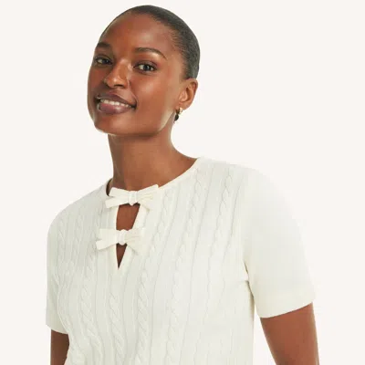 Nautica Womens Bow Cable-knit Short-sleeve Sweater In White