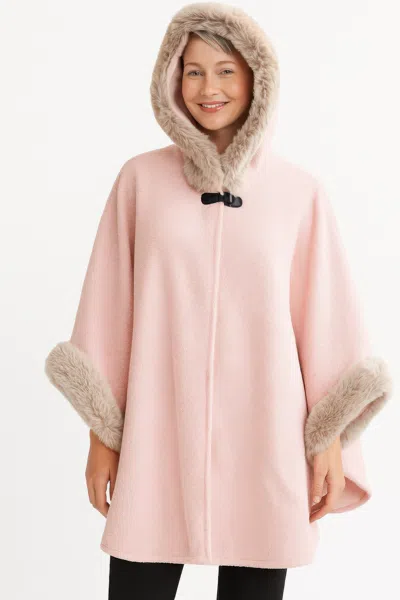 Truedames Hooded Faux Fur Trim Cape In Pink