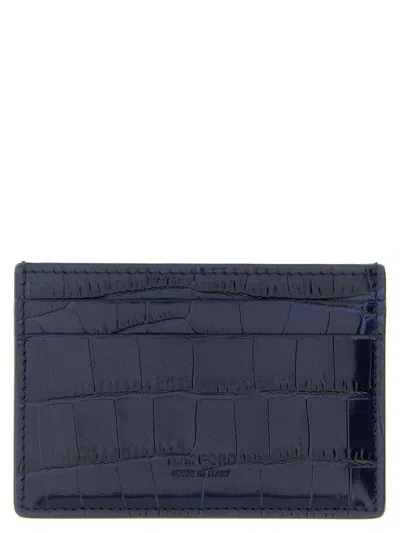 Tom Ford Croco Embossed Leather Cardholder In Blue