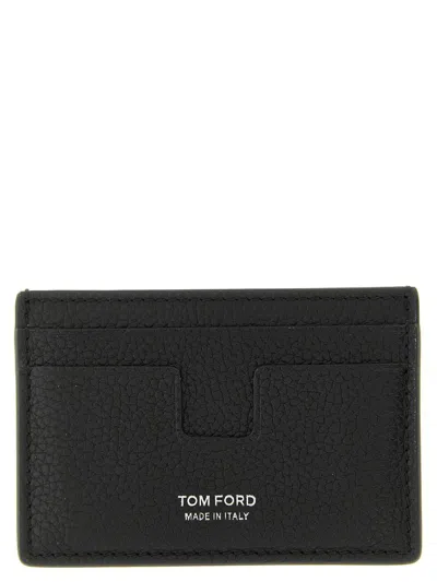 Tom Ford Black Card Holder With Embossed Lgoo Lettering On The Front And Money Clip In Grained Leather Man In Black