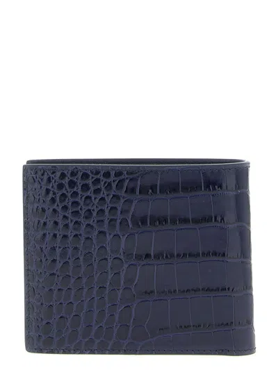 Tom Ford Croc Embossed Leather Compact Bifold Wallet In Blue