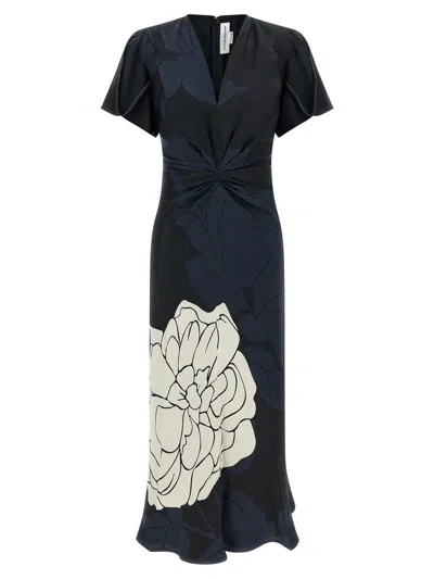 Victoria Beckham 'gathered V-neck' Midi Dress In Blue