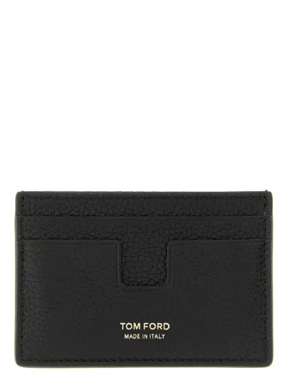 Tom Ford Black Card Holder With Embossed Lgoo Lettering On The Front And Money Clip In Grained Leather Man In Black