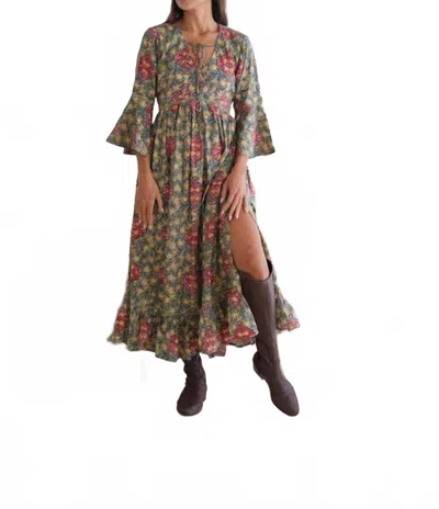 The Fox And The Mermaid Flair Sleeve Maxi Dress In Omisha Block Printed In Multi