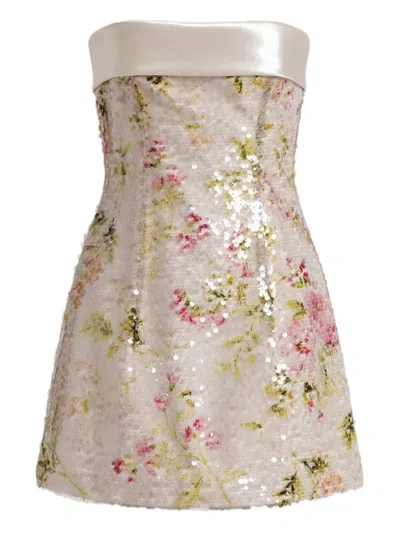 Alberta Ferretti Printed Sequin-embellished Strapless Mini Dress In Silver