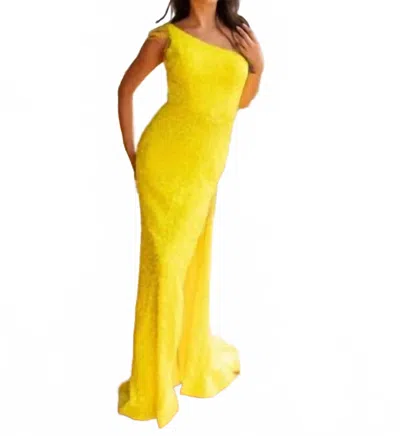 Vienna Prom One Shoulder Sequin Beaded Gown In Yellow In Yellow