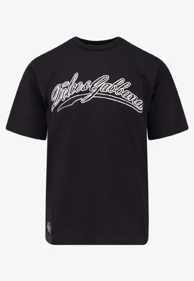 Dolce & Gabbana Men Cotton T-shirt With Embossed Logo Embroidery In Black