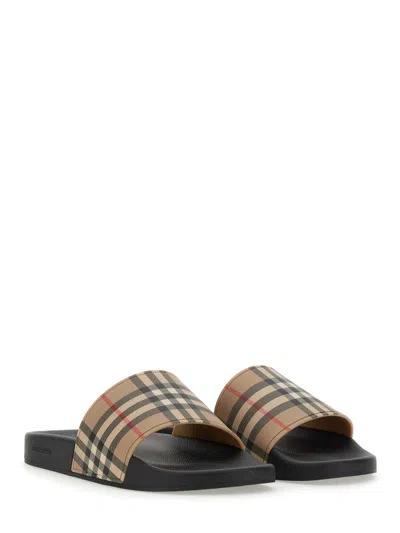 Burberry Men Beige Vintage Check Print Slides Man In Brown