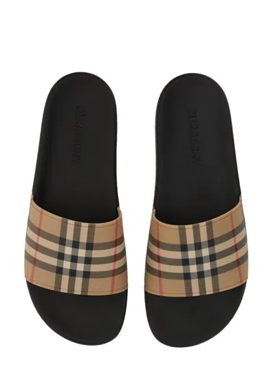 Burberry Men Beige Vintage Check Print Slides Man In Brown