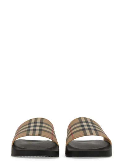 Burberry Men Beige Vintage Check Print Slides Man In Brown
