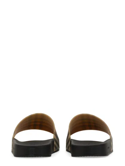 Burberry Men Beige Vintage Check Print Slides Man In Brown