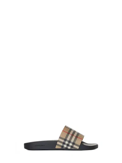 Burberry Men Beige Vintage Check Print Slides Man In Black