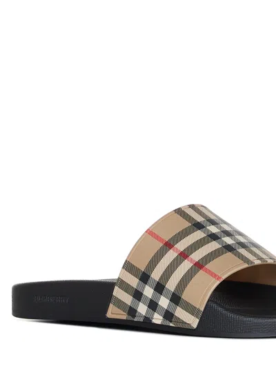 Burberry Men Beige Vintage Check Print Slides Man In Black