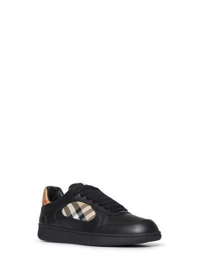Burberry Leather Sneakers With Traditional Check Inserts In Black