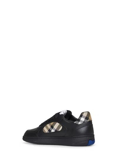 Burberry Leather Sneakers With Traditional Check Inserts In Black