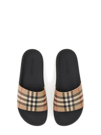 Burberry Brown Slides Sandals With Vintage Check Motif In Polyurethane In Multi