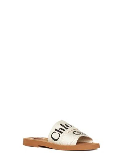 Chloé Woody Flat Logo Ribbon Slide Sandals In White