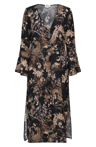 L'agence Sara Jungle Long Sleeve Sheer Crepe Cover-up Dress In Black