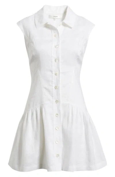 Frame Gathered Linen Mini Shirt Dress In White