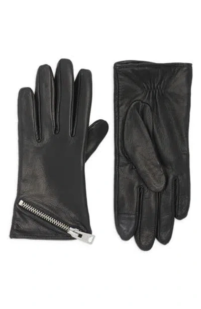Allsaints Asymmetrical Zip Leather Gloves In Black