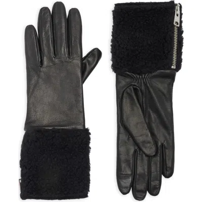 Allsaints Faux Shearling Leather Gloves In Black