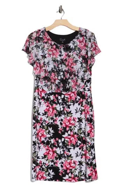 Connected Apparel Floral Overlay A-line Dress In Multi