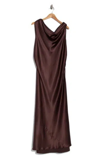 Renee C One-shoulder Satin Maxi Dress In Brown