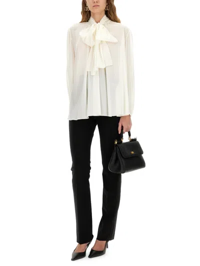 Dolce & Gabbana Long Sleeve Top With Bow And Pleats In White