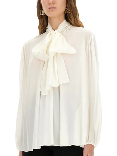 Dolce & Gabbana Long Sleeve Top With Bow And Pleats In White