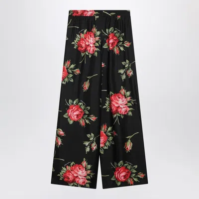 Dolce & Gabbana Wide Twill Trousers With Rose Bouquet Print In Black