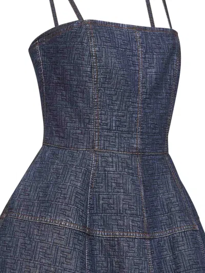 Fendi Women Dark Blue Ff Denim Bustier Mini Dress In Blue