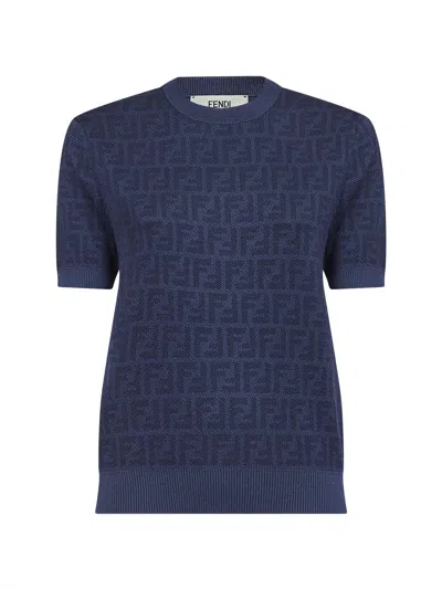 Fendi Women Denim Blue Ff Wool Crewneck Jumper In Blue
