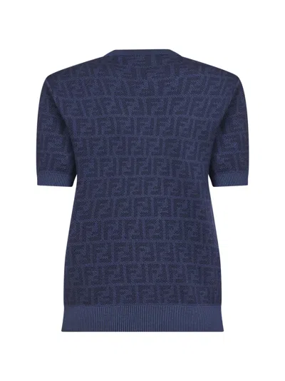 Fendi Women Denim Blue Ff Wool Crewneck Jumper In Blue