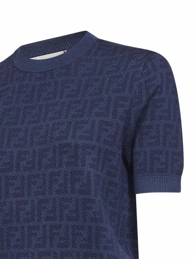 Fendi Women Denim Blue Ff Wool Crewneck Jumper In Blue