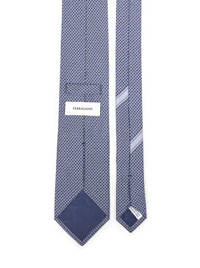 Ferragamo Men Navy Blue Gancini Print Silk Tie In Blue